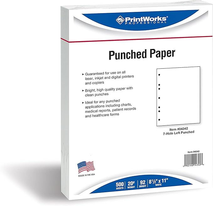 PrintWorks Professional Perforated and Punched Paper, 7-Hole Punched, 20 lb Bond Weight, 8.5 x 11, White, 500/Ream