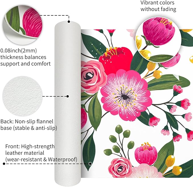 Bloss Pink Floral Desks Mat,31.5x15.7In Large Mouse Pad Cute,Anti-Slip Leather Computer Desk Pad for Keyboard and Mouse,Pink Computer Keyboard Pad Mat,Laptop Desks Protector Mat for Office/Home/Women