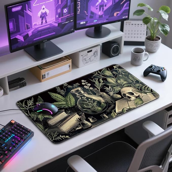 Gothic Dark Botanical Large Gaming Mouse Pad 31.5"x15.7"｜XXL Desk Mat, Non-Slip Rubber Base & Stitched Edges - Extended Waterproof Mousepad for PC/Laptop/Office/Home Decor