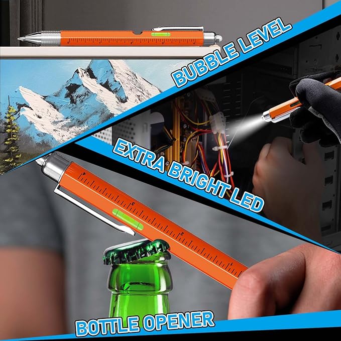 Christmas Stocking Stuffers for Men Adults, 2 Pack Multi-Tool Pen Set, 11 in 1 Multitool Pen with LED Light, Ruler, Level, Screwdriver, Stylus, Flathead, Birthday Gifts for Men, Husband, Him, Orange