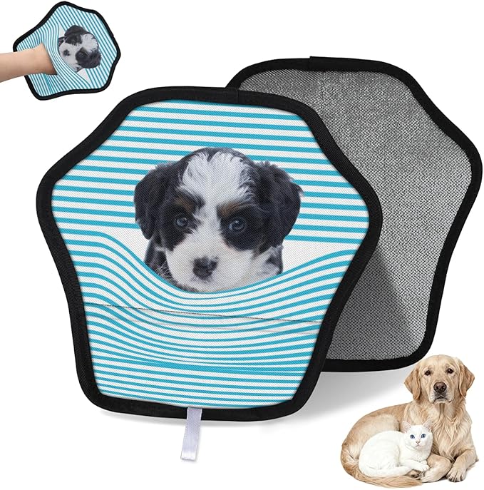 XIOBODR Personalized Pet Hair Remover Glove for Dogs & Cats - Custom Photo & Name Magic Brush for Dog Cat Hair Removal, Reusable Electrostatic Pet Hair Gloves for Furniture Carpet Couch, Cyan Stripe