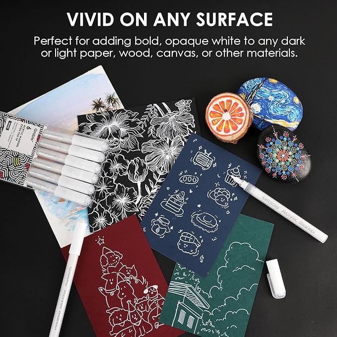 Grabie 6 White Extra Fine Tip Acrylic Paint Marker Set, 6 Pack, 0.7mm Acrylic Paint Pens for Highlights, Highlight Markers (6 White Acrylic Markers)