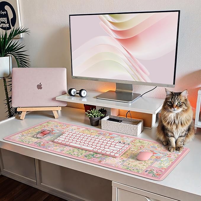HAOCOO Cute Pink Desk Matt for Desktop, Floral Mouse Pad with Stitched Edge, Desk Protector Mat with Non-Slip Rubber Base, 35.4” x 15.7" Largr Computer Pad for Women Office