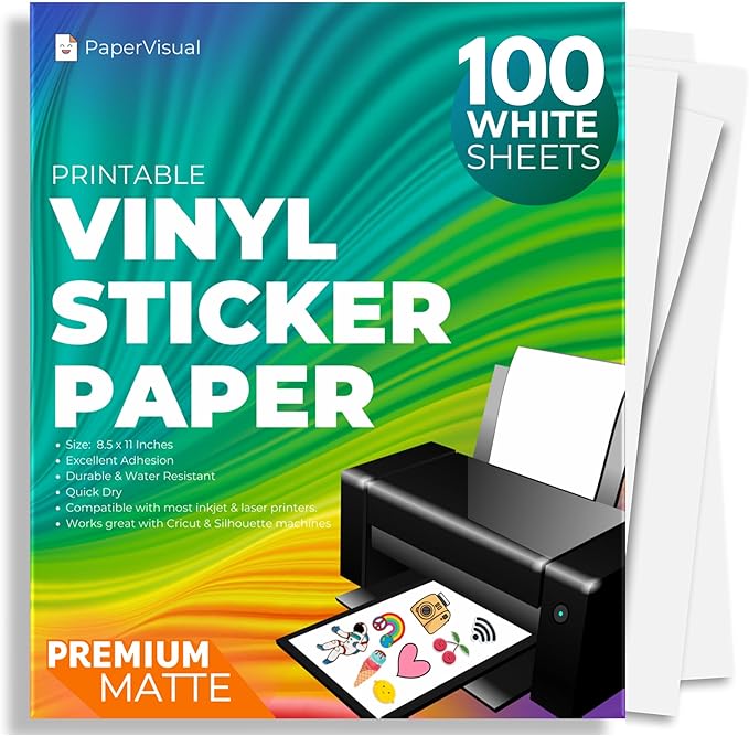 Premium Printable Vinyl Sticker Paper for Inkjet and Laser Printer - 100 White Matte Sticker Paper Waterproof - Excellent Adhesion Paper 8.5 x 11, Fast Dry, Holds Ink Well, Great for Cutting Machines