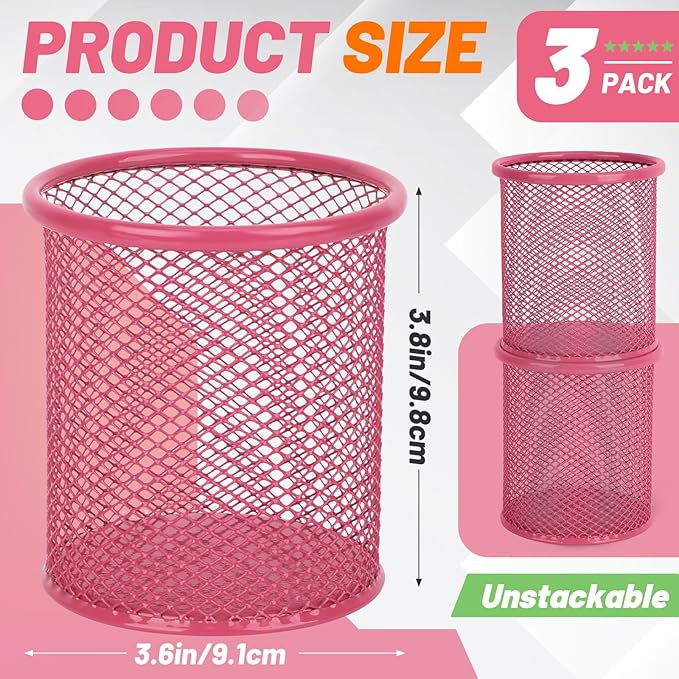 Segarty Pen Cup, 3 Pack Cute Dark Pink Pen Holder, Round Mesh Pencil Holder for Desk, Desktop Accessories Organizer for Office Supply, School, Home Storage, Makeup Brush Organization