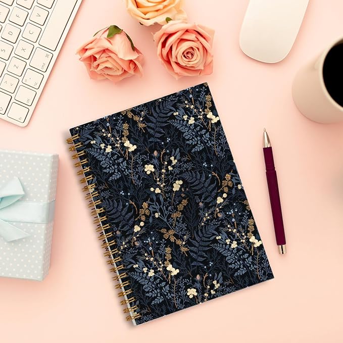 Vintage Blue Floral Notebook, Dark Cottagecore Wildflower Plants Journal, Vintage Fern Herb Leaf Botanical Floral Journal for Writing, Spiral Notebook 5.5x8.3 Inch