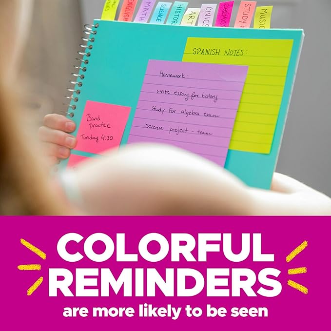 Post-it Super Sticky Notes, Assorted Bright Colors, 3x3 in, 15 Pads/Pack, 45 Sheets/Pad, 2X The Sticking Power, Recyclable, Multi-Color (Pack of 6)