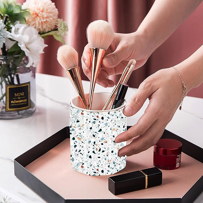 Pen Holder, Makeup Brush Holder Ceramic Shiny Gold Terrazzo Marble Stone Pattern Pencil Cup for Girls Kids Women Durable Stand Desk Organizer Storage Gift for Office, Classroom, Home Light Blue