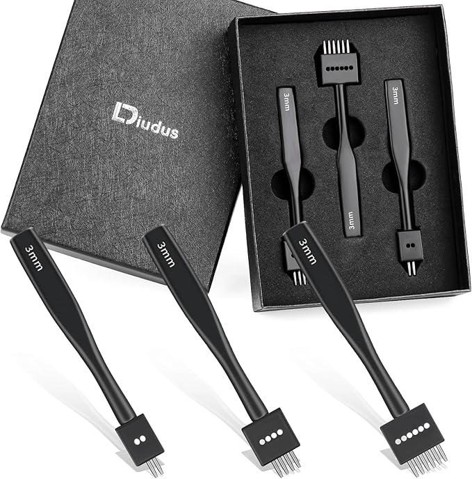 Leather Hole Punch, Black Hole Punch Tool 3mm 2/4/6 Lacing Stitching Punch, Round Hole Prong Stitching Chisel Set Leather Working Tools for Leathercraft