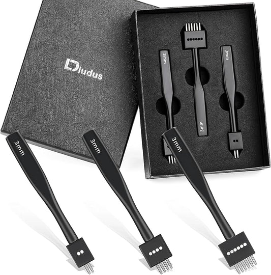 Leather Hole Punch, Black Hole Punch Tool 3mm 2/4/6 Lacing Stitching Punch, Round Hole Prong Stitching Chisel Set Leather Working Tools for Leathercraft