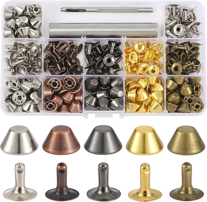 YORANYO 120 Sets 12x7mm Purse Feet for Handbags Barrel Leather Rivets Studs for Clothing Metal Studs and Spikes with Hole Punch and Barrel Rivet Setter for Shoes Bags Belts Dog Collars Leather Craft