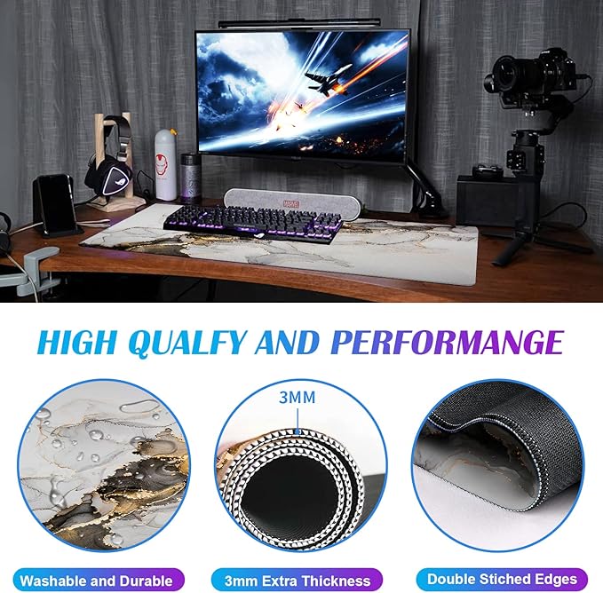Large Extended Gaming Mouse Pad with Stitched Edges, Non-Slip Waterproof Rubber Base Mouse Pad for Office, Computer, Keyboard, Laptop and Home Desk Pad 35.4 x 15.7 x 0.12 Inch (Marbling)
