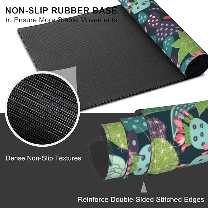 Mouse Pad, Large Succulents and Cactuses Desk Mat, Extended Non-Slip Gaming Keyboard Mousepad Desk Pad, Thick Stitched Edges Waterproof Mouse Mat 31.5"x15.7" (Tropical Plants)
