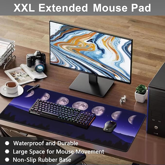 Mouse Pad, Large Moon Phases and Mountain Forest Desk Mat, Extended Non-Slip Gaming Keyboard Mousepad Desk Pad, Thick Stitched Edges Waterproof Mouse Mat 31.5"x15.7" (Moon Phase Changes)
