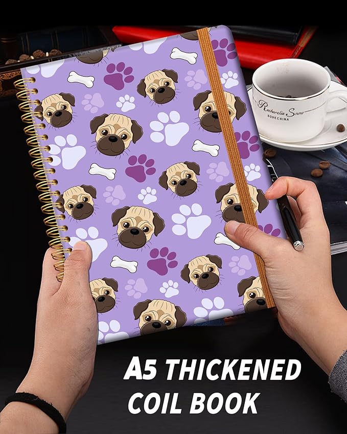 Ruled Spiral Writing Notebook,A5 Hardcover Lined College Journal for Women Lady,Fashion Puppy Watercolor Strong Twin-Wire Binding with Premium Paper,8.4" X 6",Perfect for School,Office,Home Gifts(Pug Bones Paws)