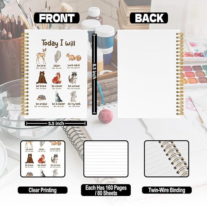 XPH Inspirational Animals Spiral Notebook, Motivational Journaling Notebooks for Note Taking, Animal Hardcover Journal for Writing 160 Pages 5.5 x 8.3 Inch, Positive Affirmation Gifts for Women Men