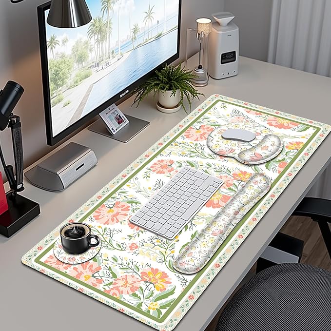 Desk Mat, 4in1 Large Mouse Pad with Wrist Rest, Cute Desk Matt for Desktop, Desk Pad Mat, Anti-Slip XXL Computer Ergonomic Mousepad with Wrist Support for Keyboard and Mouse I Nice Yellow Flowers