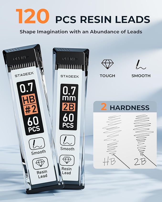 Mechanical Pencils 0.7mm with Case, Metal Weatherproof Body Outdoor Artist Mechanical Pencil with 120 PCS HB & 2B Lead Refills, Eraser, for Writing Drafting Drawing and Sketching