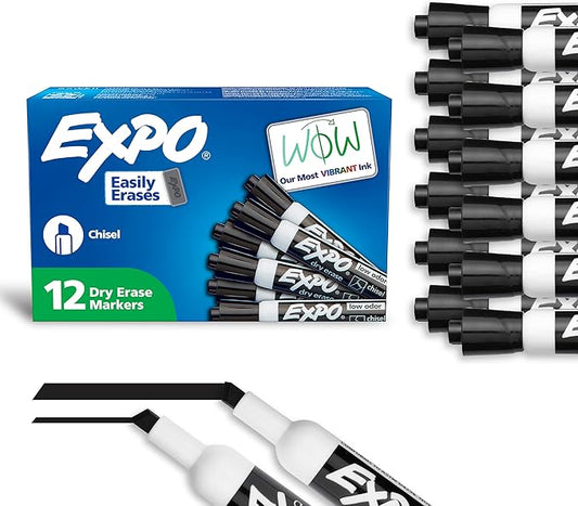EXPO Dry Erase Markers, Low Odor Ink, Black, Chisel Tip, 12 Count - Easily Erases, Vibrant Ink, Ideal for Classroom, Back to School Supplies, Teachers, Office, Whiteboard & Home