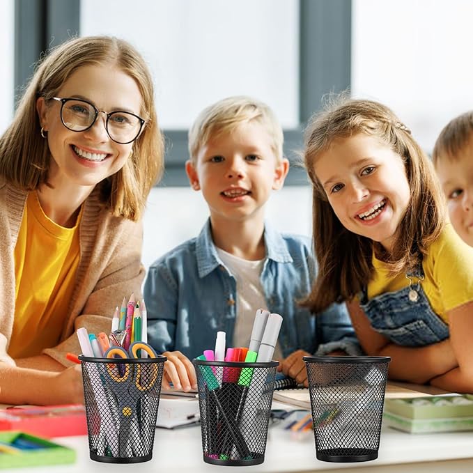 12 PCS Mesh Pen Cup, Metal Pencil Holder, Pen Holder Cup ,Pencil Cup, Round Office Classroom Pen Organizer Cup, for Students Kids Adult (Black)