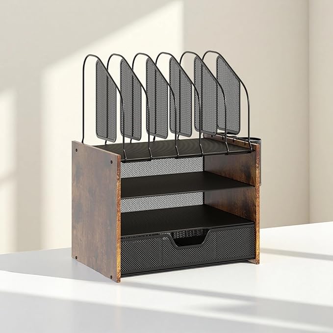 Wood Desk Organizer - 4-Tier Desktop File Organizer with Drawer, Wooden Paper Tray, Vertical File Holders & 2 Pencil Holders - Office Desk Organizer for Papers, Mail, Notebooks, Stationery