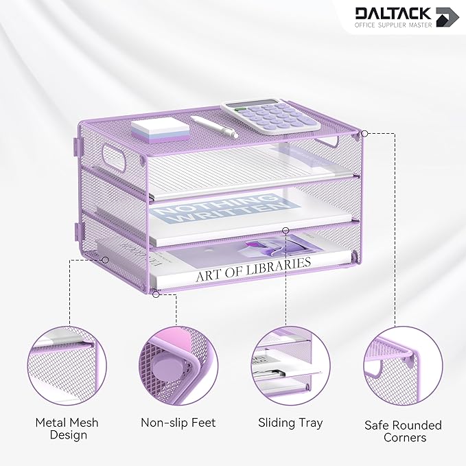 DALTACK 3 Tier Letter Tray Paper Organizer with Handle, Mesh Desk File Organizer, Paper Tray Desk Organizer for School Office Home, Metal Mesh, Purple