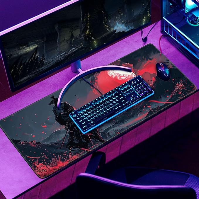Black Desk Mat Japanese Samurai Mouse Pad XL Red Anime Big Mousepad Gaming Large Mouse Pad for Men Desk Pad with Stitched Edges Non-Slip Large Computer Mat, 31.5x11.8 in