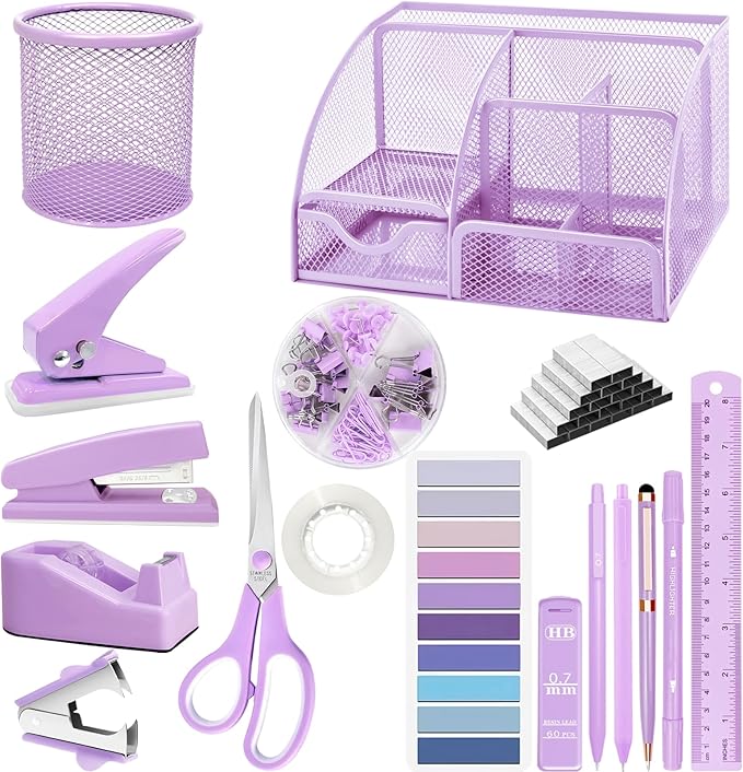 Purple Desk Accessories, 17Pcs Purple Office Supplies Set Include Mesh Desk Organizer, Stapler, Tape Dispenser, Staple Remover, Pen Holder, Clips, Pens, Ruler, for Office Home School Women