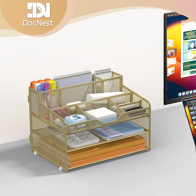 Docnest 3 Tier Mesh Desk Organizer for Paper Office Supplies – Multi-Functional Letter Tray with 5 Adjustable Compartments, 3 Pen Holders, Desktop Storage for Files, Mail, Stationery – Gold Yellow