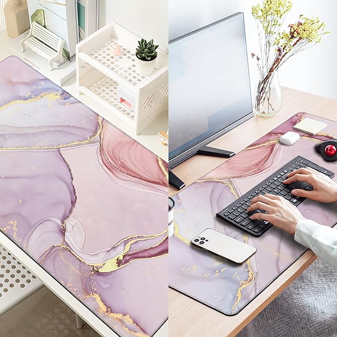 Large Extended Mouse Pad Abstract Pink Marble Desk Mat,Large Gaming Mouse Pad,Big Desk Pad with Thick Stitched Edges Suit for Home Office or Gaming 35.4x15.7 Inch