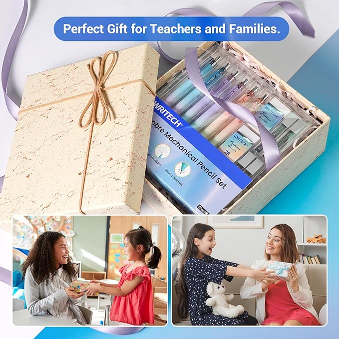 WRITECH Up Mechanical Pencil Set: 6ct Gradient Barrel 0.7mm Mechanical Pencils with 4 Tubes of HB Lead Refills and 2 Extra Erasers for Writing Drawing Sketching Drafting