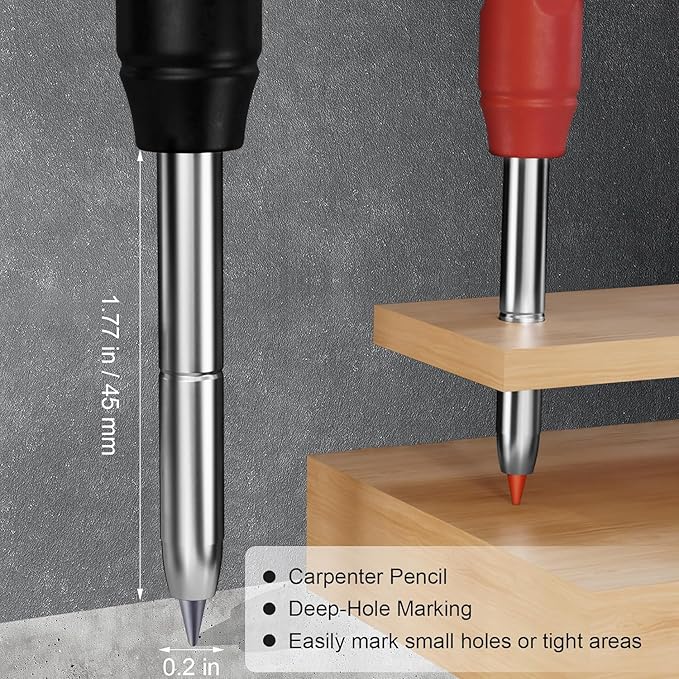 HAUTOCO Mechanical Carpenter Pencils Set with Sharpener & 26 Refills for Construction, Solid Deep Hole Marker Heavy Duty Woodworking Tools Mechanical Pencils for Architect with Case (Black, Red)