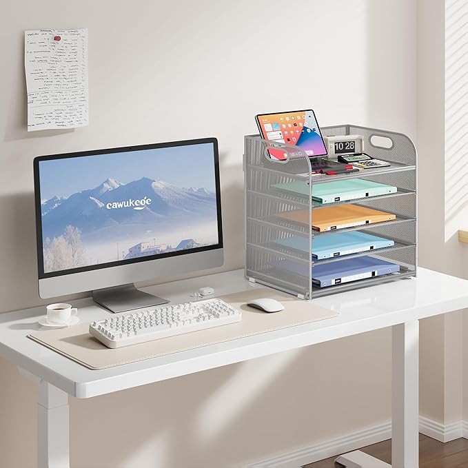 5 Tier Paper Organizer with Handle, Metal Mesh Desk Organizer File Folder Paper Letter Tray Desktop Document Sorter for Classroom, School, Office Accessories Organization and Storage - Silver