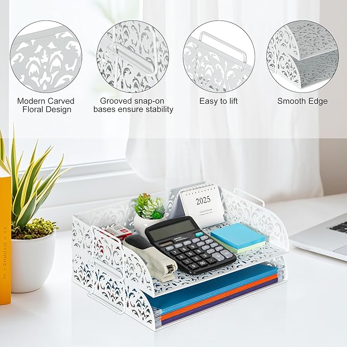 EasyPAG Paper Organizer for Desk 2 Tier Stackable Paper Tray for A4 Legal Size Folders Metal File Storage Desktop Organizer for Home Office School Teacher, White