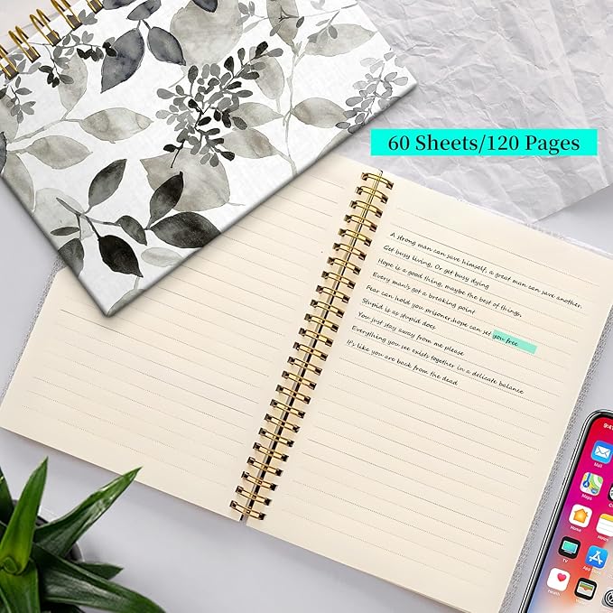 Spiral Notebook Journal for Women Men, A5 Hardcover Journal, 120 Pages Thick Paper, College Ruled Writing Notebook for School, Work & Office 8.3'' × 5.9''(Watercolor ink leaves)