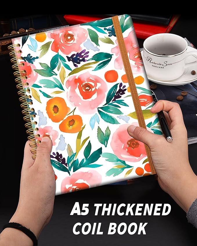 Ruled Spiral Writing Notebook,A5 Hardcover Lined College Journal for Women,Strong Twin-Wire Binding with Premium Paper,8.4" X 6",Perfect for School,Office,Home(Pink Flowers)