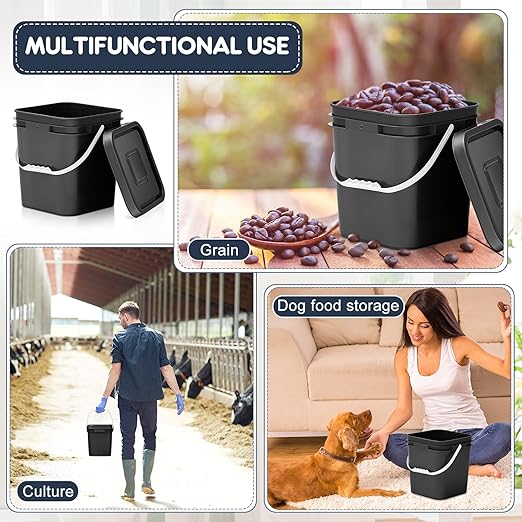 Mumufy 5 Pcs 3.5 Gallon Square Food Grade Bucket with Lid Square Bucket Pail with Plastic Handles for Storing Dry Food, Charcoal, Camping, Fishing (Black)
