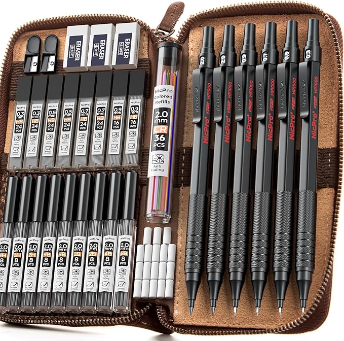 Nicpro 33PCS Black Metal Mechanical Pencil Set in Leather Case, Art Drafting Pencil 0.3, 0.5, 0.7, 0.9 mm, 2mm Lead Holders for Sketching Drawing with 18 Tube (6B 4B 2B HB 2H 4H Colors) Lead Refills