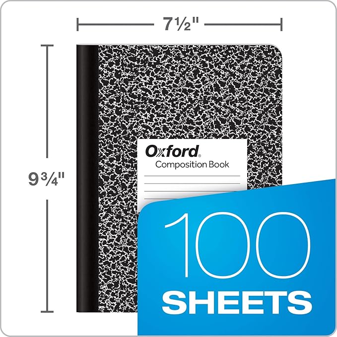 Oxford Composition Notebooks, Wide Ruled Paper, 9-3/4" x 7-1/2", Black Marble Covers, 100 Sheets, 12 per Pack (63795)