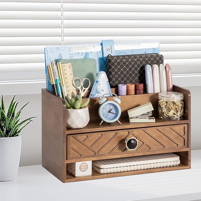 Brown Wood Desk Organizer and Accessories with Drawer, Bill Mail Organizer and File Mail Holder for Office Supplies, Desk Accessories & Workspace Organizers