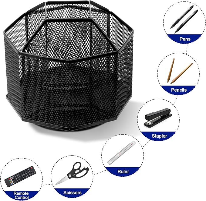 Comix 360° Rotating Pen Holder for Desk, 5 Compartments Office Desk Organizer, Black Mesh Metal Pencil Holder Cup for Office Home School