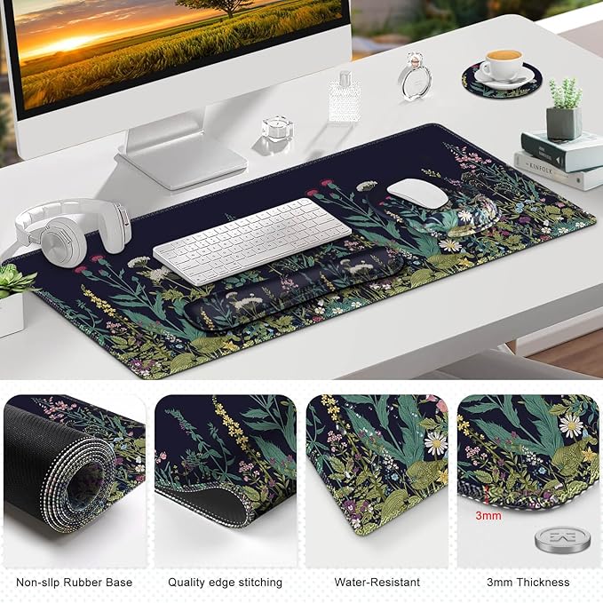 ToLuLu Desk Mat, XXL Large Mouse Pad Wrist Support Set，4 in1 Gaming Mousepad Desk Pad+ Ergonomic Mouse Pad with Wrist Rest + Keyboard Wrist Rest+Coaster for Home Office Computer Table, Weeds Plants