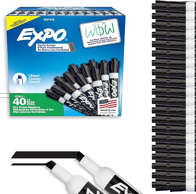 EXPO Dry Erase Markers, Low Odor Ink, Black, Chisel Tip, 40 Count