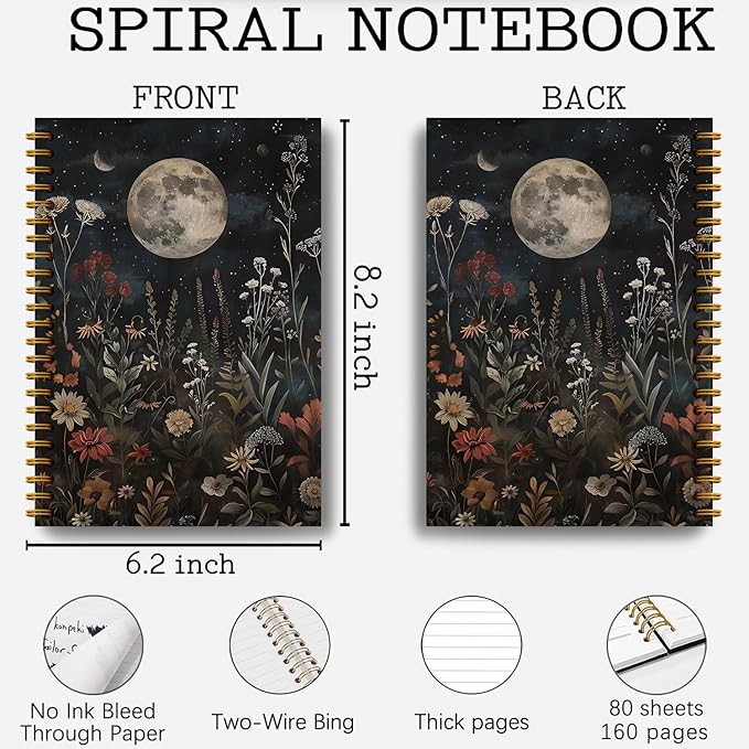 Moody Floral Moon Witchy Notebook, Dark Academia Cottagecore Flower Journal, Mystical Celestial Wildflower Botanical Journal, Vintage Witchy Hardcover Spiral Notebooks 5.5x8.3 Inch