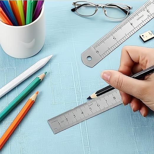 6 Inch Stainless Steel Ruler, Metal Ruler with Metric and Imperial Scales for Precision Measuring, 2-Pack