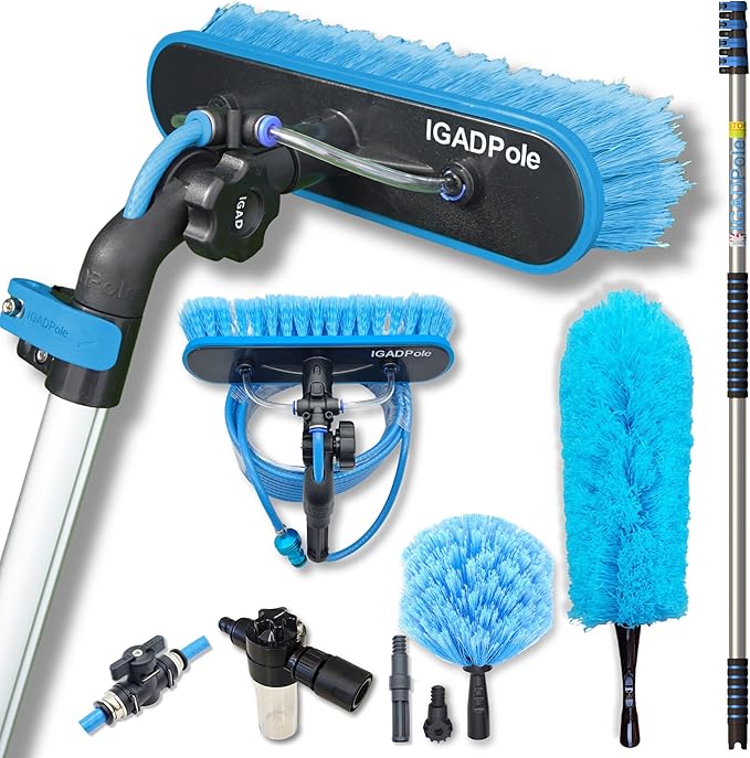 IGADPole 17 FT Water-Fed Cleaning Kit – Extendable Telescopic Pole with Soap-Dispenser, Brush & Cobweb Duster, Adjustable 5-17 FT Handle for Safe High Window, Gutter, Solar Panel & Exterior Cleaning