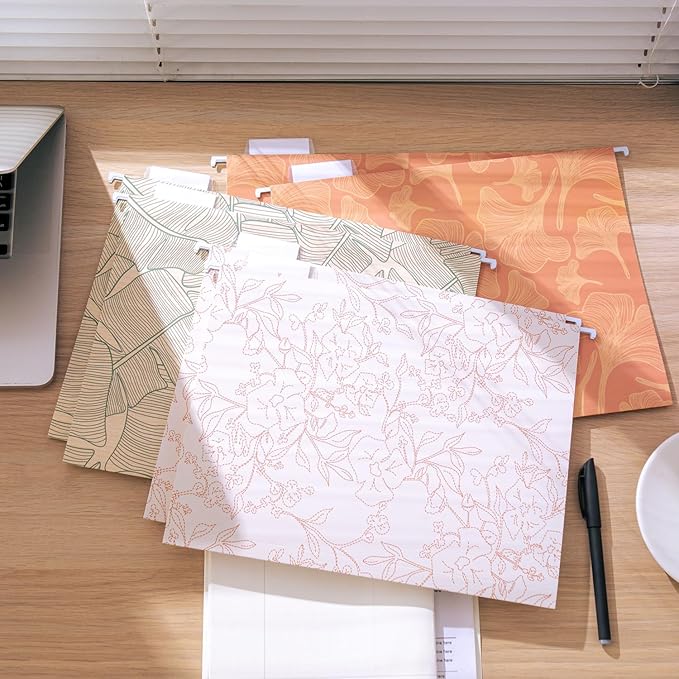 6 Pack Hanging File Folder Letter Size Reinforced Hanging Folders with 1/5-Cut Adjustable Tabs File Folders for Filing Cabinet Organizer for Office Home, Plant Line Design