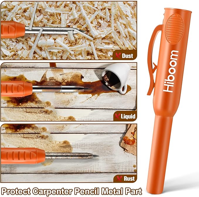 Hiboom 2 Pack Solid Carpenter Pencils with Pencil Cap and 18 Refills, Long Nose Deep Hole Mechanical Pencil Marker, Scribe Tool with Built-in Sharpener for Construction Woodworking Architect (Orange)