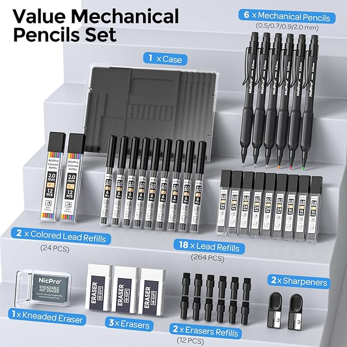 Nicpro 6PCS Weatherproof Mechanical Pencil Set, 3 PCS Art Mechanical Pencils 0.5 mm & 0.7 mm & 0.9 mm & 3 PCS 2mm Lead Holder (6B 4B 2B HB 2H 4H Colors) For Outdoor For Writing, Sketching Drawing