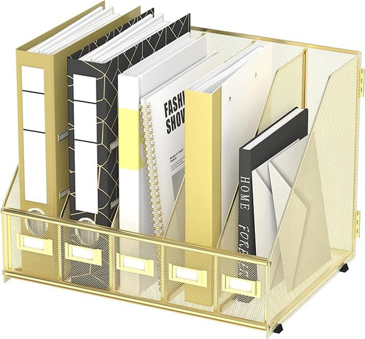 DALTACK Desk Organizers Metal Magazine File Holder with 5 Vertical Compartments Folder Storage Binder Organizer for Office Home School Organization, Gold Plus